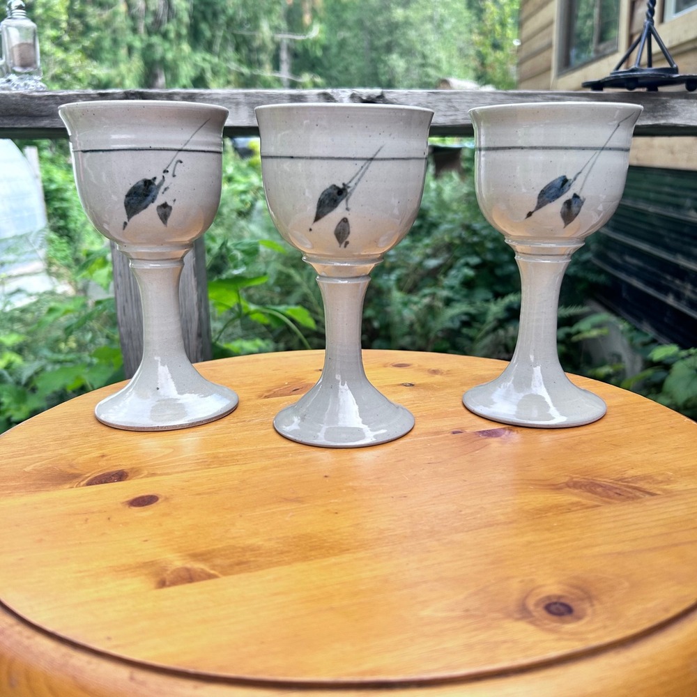 Vintage Studio Pottery Goblets Set of 3 Grey Hand Thrown Stoneware Chalice MCM